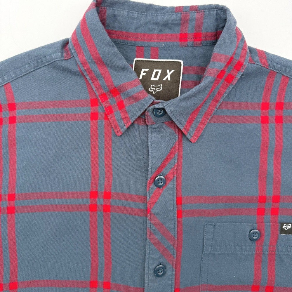Fox Racing Button Up Shirt Mens S Blue Red Plaid Short Sleeve Casual Woven Logo